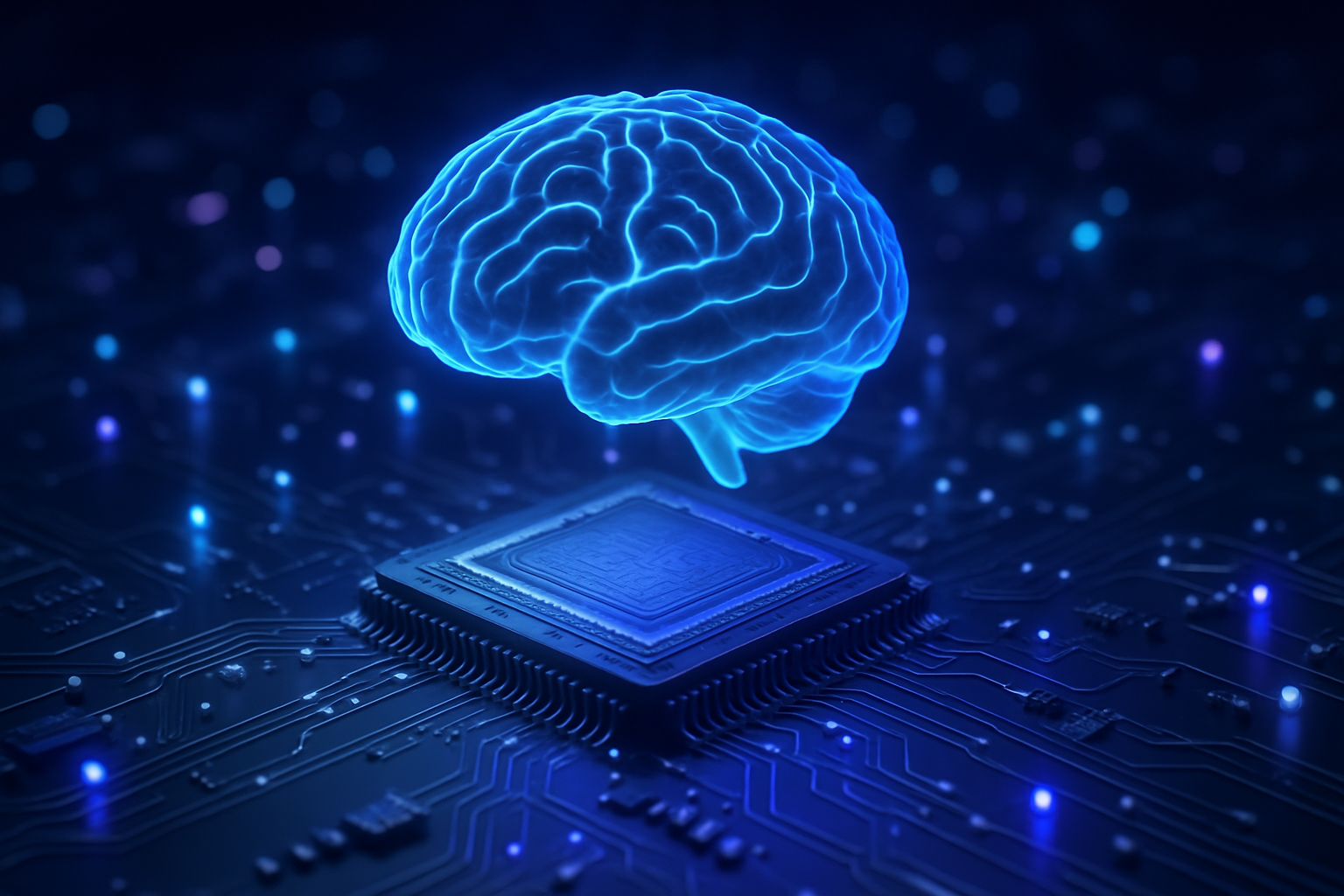 Illustration of a glowing brain hologram rising from a computer chip, representing brain-inspired neuromorphic computing